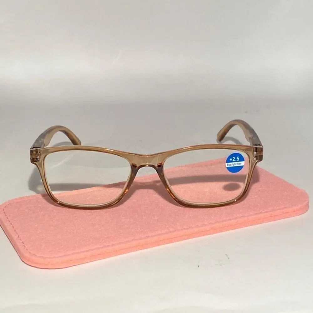 1436 Helen 2.5 Reading Glasses Thin Rectanle Bluelight Filter Tan Frames NWT